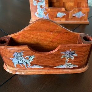 Vintage Wooden Pen Holder Set Made In Vietnam